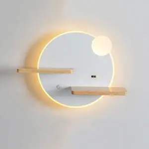 Modern LED Wall Lamp with Wooden Shelf: Versatile Indoor Reading Light with Switch & USB Port - Ideal for Bedroom & Hotel, 3000K Warm White