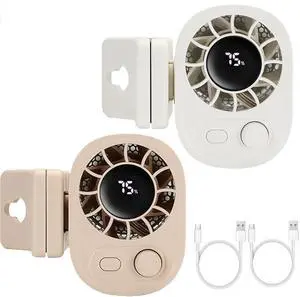 Car Clip on Fan with LED Display 360°Rotation, USB Rechargeable Personal Cooling Fans, Portable Silent Mini Hands-Free (White+Beige)