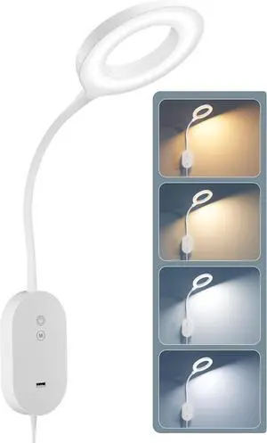 Wall Mounted Reading Light,Board Lamp with 10W USB Output Fast, Wall Reading Lamps with 4 Color Modes & 5 Dimmable, Memory Function, 4-Hour Auto Off Ring Light White