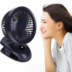 Clip On Fan, USB Desk Fan, Intelligent Digital Display, 4 Levels Wind Speed USB Desk Clip On Fan with Anti Slip Base, 3 Blades Portable Small Clip On Fan(Gemstone Blue)