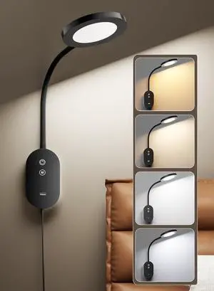 Wall Mounted Reading Light, Book Light for Wall Bed Lamp with 10W USB Output Fast, 4 Hour Auto Off,Eye Caring Reading Lamps with Infinite Dimmable 360° Gooseneck Headboard Light Black