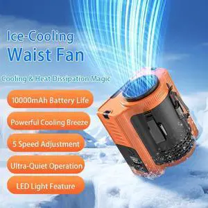 JSD N610Y Portable Waist-Hanging Fan with 10000mAh Power Bank, 5 Speed Levels, Cool Wind, LED Light  Hands-Free Personal Cooling Fan for Outdoor Activities
