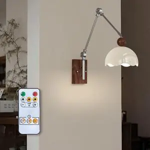 Wireless Wall Light Battery Indoor Swivel arm Wall lamp Without Power Connection with Remote Control dimmable Long arm Reading Lamps Wall Adjustable Metal arm Bedside lamp,B (B)