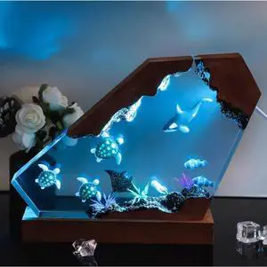 Ocean Night Light with Romote, Epoxy Resin Shark Turtle Lamp, Handmade Home Decor Bedside Nightlight, Nightstand Decorations for Bedroom, Unique Gift for Father's Day, Christmas (M)