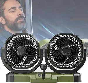 Adjustable Car Cool Fan, Dual Head Design, 2-speed Adjustable, 360° Rotating Portable Car Fan,12V Cigarette Lighter Powered, Suitable For Caravan, Sedan, SUV.