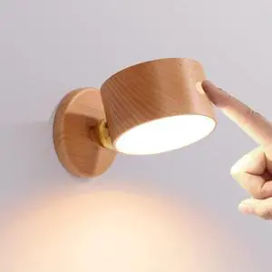 Wooden Battery Wall Light with Touch Dimmable Switch - 4000K LED Reading Lamp, USB Charging, 360° Rotatable Bedside Lamp, Dark Wood