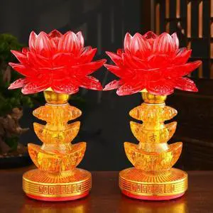 1 Pair 21.5cm LED Crystal Ingot Lotus Lamp Front of Buddha Offering Long Bright Light Plugged in