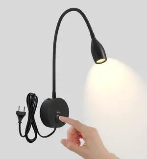 LED Gooseneck Wall Reading Lamp with Switch, Touch Dimmable and USB Charging, Adjustable Color Temperature 3000-6000K, Bedroom and Office Wall Mounted Light, Black