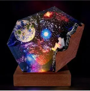 Galaxy Night Light with Romote, Epoxy Resin Astronaut Galaxy Lamp,Handmade Home Decor Bedside Nightlight, Nightstand Decorations for Bedroom, Unique Gift for Father's Day, Christmas (S)