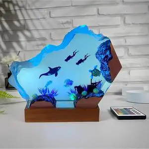 Ocean Night Light with Romote, Epoxy Resin Wave Lamp, Handmade Home Decor Bedside Nightlight, Nightstand Decorations for Bedroom, Unique Gift for Father's Day, Christmas (L)