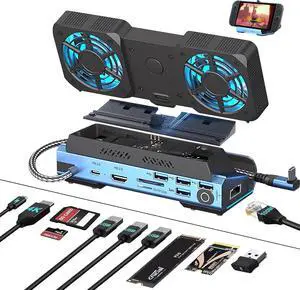 10-in-1 USB C Gaming Docking Station for Switch 2 / Steam Deck OLED/ROG Ally X/Legion Go, M.2 NVMe SSD Enclosure Hub with 4K@60Hz HDMI, 100W PD, Dual Cooling Fans, Gigabit Ethernet, USB 3.0/SD/TF