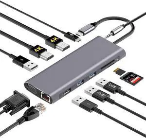 USB C Hub,Docking Station Compatible MacBook Pro & MacBook Air, ipad Pro,Dell XPS, MacBook Docking Station (DP ALT) with 2 HDMI, VGA, Ethernet, Audio, 4 USB Ports, USB-C PD, SD/TF