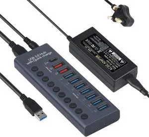 090F USB Hub, 9 Port Usb3.0+ Type C Hub 5Gbps with 60W Power Adaptier, Charging Cable and Data Cord for Pc and Laptop
