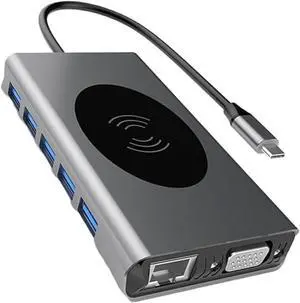 Mikikit Type-C to VGA PD Charging Hub Ethernet and Audio Output for Laptops USB 3.0 Adapter for PD Charging