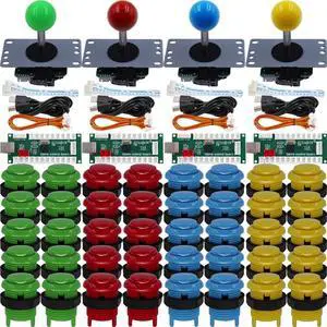 SJ@JX Arcade Game 4 Player Controller DIY Kit Microswitch Button 4&8 Way Joystick Zero Delay USB Encoder Fighting Stick Handles Console for PC MAME Raspberry Pi Retropie