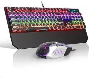 Retro Typewriter Keyboard and Mouse Combo, Cute Black Keyboard with Linear Red Switches, Full Size Wired Mechanical Gaming Keyboard, Cool Light Up Keyboard and Mouse for Gaming,Work,Mac,PC,Windows