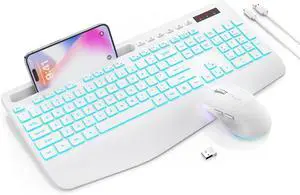 Wireless Keyboard and Mouse Combo with 7 Colored Backlits, Wrist Rest, Rechargeable Ergonomic Keyboard with Phone Holder, Silent Lighted Full Size Combo for Windows, Mac, PC, Laptop-Trueque (White)