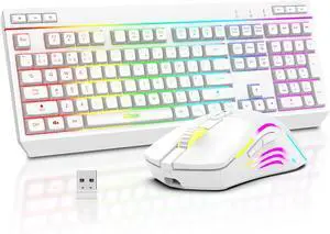 RedThunder K20 Wireless Keyboard and Mouse Combo, Full Size Anti-Ghosting Keyboard with Multimedia Keys + 7D 4800DPI Optical Mice, Rechargeable RGB Gaming/Office Set for PC Laptop Mac Xbox (White)