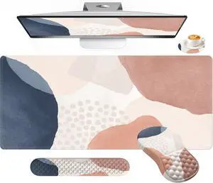 HAOCOO Desk Mat, Ergonomic Mouse Pad Wrist Support and Keyboard Wrist Rest, 4 PCS Computer Mouse Pads for Desk with Coaster Set, Memory Foam Mousepad with Non-Slip PU Base for Home Office, Boho