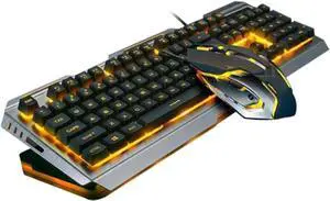 Cool Yellow Led Backlit Mechanical Keyboard and Mouse USB Gaming Gear Retro Design Floating Keys and Backlight for Gamers Tungsten Golden