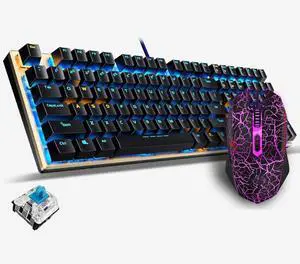 Keyboard Computer Ergonomic with Backlight Mode,Wired Gaming Keyboard and Mouse Combo Home USB Desktop Computer Notebook Universal (Color : Black Blue Light-Green Shaft)