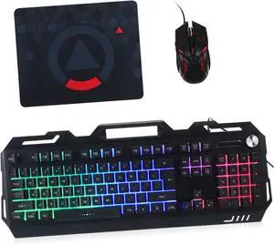 Gaming Keyboard and Mouse with Metal Panel Mechanical Feel Dual-Color Backlighting Durable Design for Office and Gaming Use Wired Combo with Mouse Pad