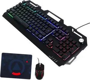 Mechanical Wired Keyboard and Mouse with Metal Panel RGB Backlit Gaming Keyboard with Volume Knob and Fast Signal Transmission for Office and Gaming Use