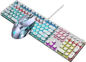 Gaming Keyboard,Retro Punk Typewriter-Style,9 Lighting Effects USB Wired, for PC Laptop Desktop Computer, for Game and Office, Stylish Mechanical Keyboard and Mouse Set E-Sports Game Set (White)