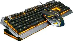 Cool Yellow LED Backlit Mechanical Keyboard and Gamer Mouse USB Wired High-Elastic Floating Keys Metal Panel Sandblasted Finish with Multimedia Shortcut Functions for Gaming