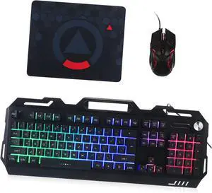 Lurrose Metal Mechanical Gaming Keyboard and Mouse Set Wired Ergonomic Design Suitable for Gamers with Mouse Pad Black