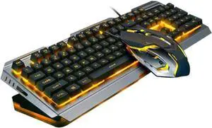 USB Backlit Mechanical Keyboard and Gamer Mouse Tungsten Golden Yellow LED Backlight High-Elastic Floating Keys with Metal Panel Sandblasted Finish Multimedia Shortcut Functions