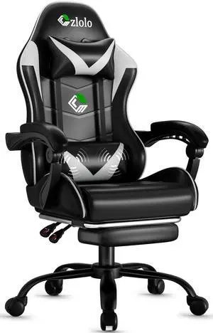 Gaming Chair with Footrest Racing Style Lumbar Support Massager Video Game Chair with Metal Legs, High Back Reclining Gamer Chair with Headrest, 360° Swivel Office Computer Desk Chair (White)