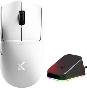 Hyekit MCHOUSE K7 Ultra Wireless Esports Gaming Mouse with Magnetic Charging Dock, PAW3950 Optical Sensor, Dual 8K Polling, 42K DPI, 59g Lightweight, 5 Programmable Buttons, 130 Hr Battery (White)