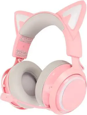 Sanpyl Gaming Headsets, RGB Light Cat Ear Headphone 2.4Ghz Bluetooth Wired 3 Modes Over Ear Headphones with Retractable 120° Rotatable Mic, 8Hrs Playtime, for Laptops PCs (Rose)