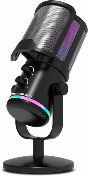 Gaming USB Microphone for PC PS4/5 - Condenser Mic with Quick Mute, RGB Indicator Desktop Stand Pop Filter Gain Control for Streaming Discord Twitch Podcasts Videos (Black)