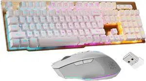 Rechargeable Gaming Keyboard Mouse Combo,2.4G Wireless Backlit Mechanical Feeling Ergonomic Keyboards with Optical Mice Set for Computer Game (White)