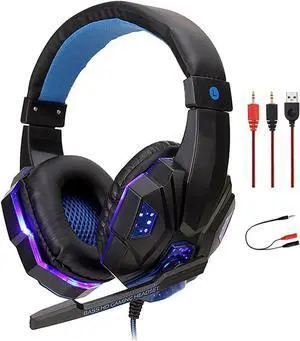 Deucalion USB Wired Gaming Headset Over Ear Headphones Earbud for PS4 PC Laptop Xbox One PS5 Controller Nintendo Switch, with LED Light, Passive Noise Cancelling, Mic (Blue)