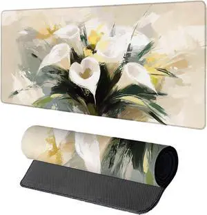 Flower Mouse Pad, Gaming Mouse Pad 64x32in, Desk Mat with Stitched Edges, Large Mousepad Waterproof, Gaming Accessories Keyboard Mat, Office Desk Accessories, for Gamer Computer Office, White 2-2092