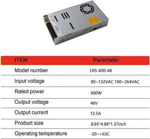LRS-600-48 48V 600W Single Output Switching Power Supply, 90-302VAC/255-370VDC Input, 12.5A, 1U Low Profile, 5G Vibration Resistant, Industrial Automation, UL/BS/IEC 62368-1 Certified