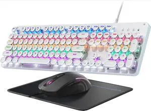 Metal Panel Retro Keyboards with Round Keycap Blue Switch, Rainbow LED Backlit 104-Key Anti-Ghost Wired Mouse and Pad Combo for PC Laptop Mac Gamer