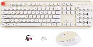 Wireless Keyboard and Mouse Combo, Full-Size Retro Typewriter Keyboard with Round Keycaps, Ergonomic Design for Windows PC