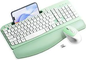 Wireless Keyboard and Mouse Combo, Phone Holder, 2.4GHz Silent 6 Button Wireless Mouse Set for Laptop, PC, Windows, Mac (Mint Green)