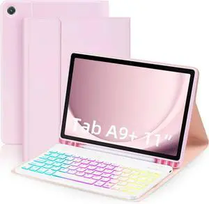 7 Color Rainbow Backlight Detachable USB-C Keyboard Magnetic Case with Pen Slot for Tablet A9+ 5G Pink
