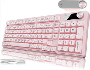 98 Keys Creamy Gaming Keyboard with Number Pad, Display Screen & Media Knob RGB Silent Wired for Laptop PC Gamer - Pink