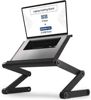 Foldable with 2 Fans & 3 USB Ports, Computer Lap Desk, PC Holder for Bed, Ergonomic Table Stand, Black