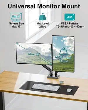 Dual Monitor Arm Desk Mount Fits 13 to 32 inch Computer Screens, Adjustable Double Monitor Stand 75/100mm Bracket, Black, Freelift