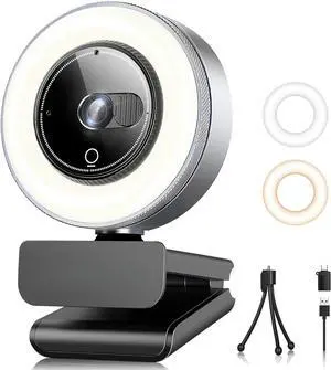 2K Webcam for PC with Microphone & Light & Privacy Cover, USB Streaming Camera
