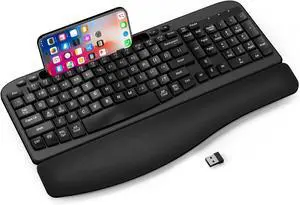 Ergonomic Wireless Keyboard with Cushioned Wrist Rest,Phone Holder, Comfortable Natural Typing, 2.4GHz Full Size Cordless USB Computer Keyboard(Black)