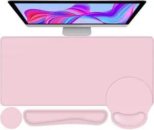 Mouse Pad Desk Pad Protector, Keyboard Wrist Rest + Mousepad Wrist Rest +Coaster, Large Gaming Mouse Pad , Pink