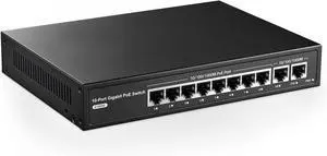 10 Port Gigabit PoE Switch 8 Port PoE+ and 2 Uplink 10/100/1000Mbps IEEE802.3af/at Max 96W Fanless Unmanaged Plug&Play Ethernet Switch